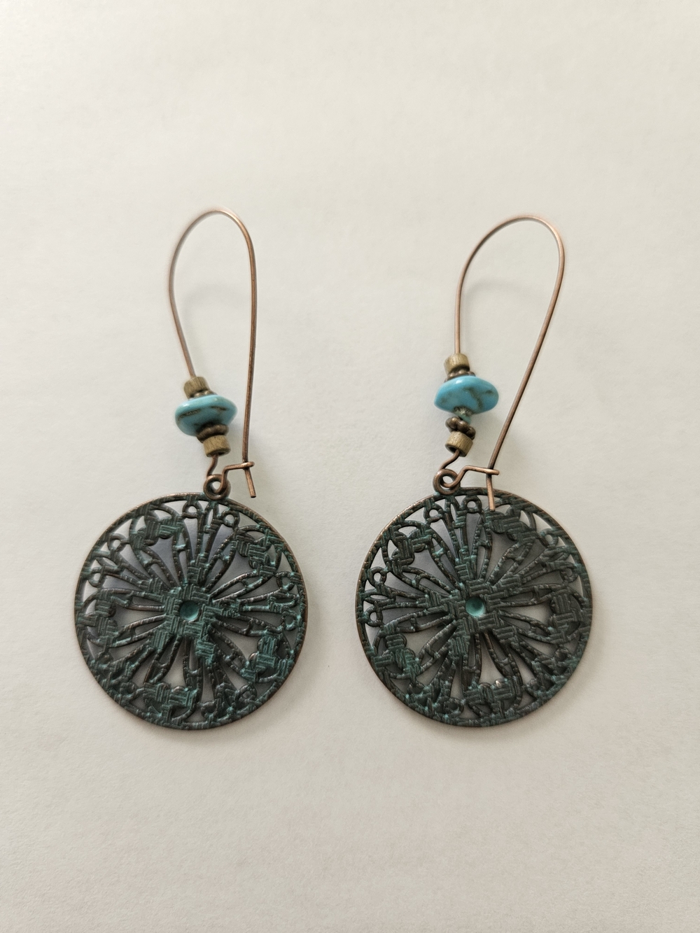 Turquoise Filigree Drop Earrings Blue Copper Western Feminine Handmade Festival - Picture 5 of 5
